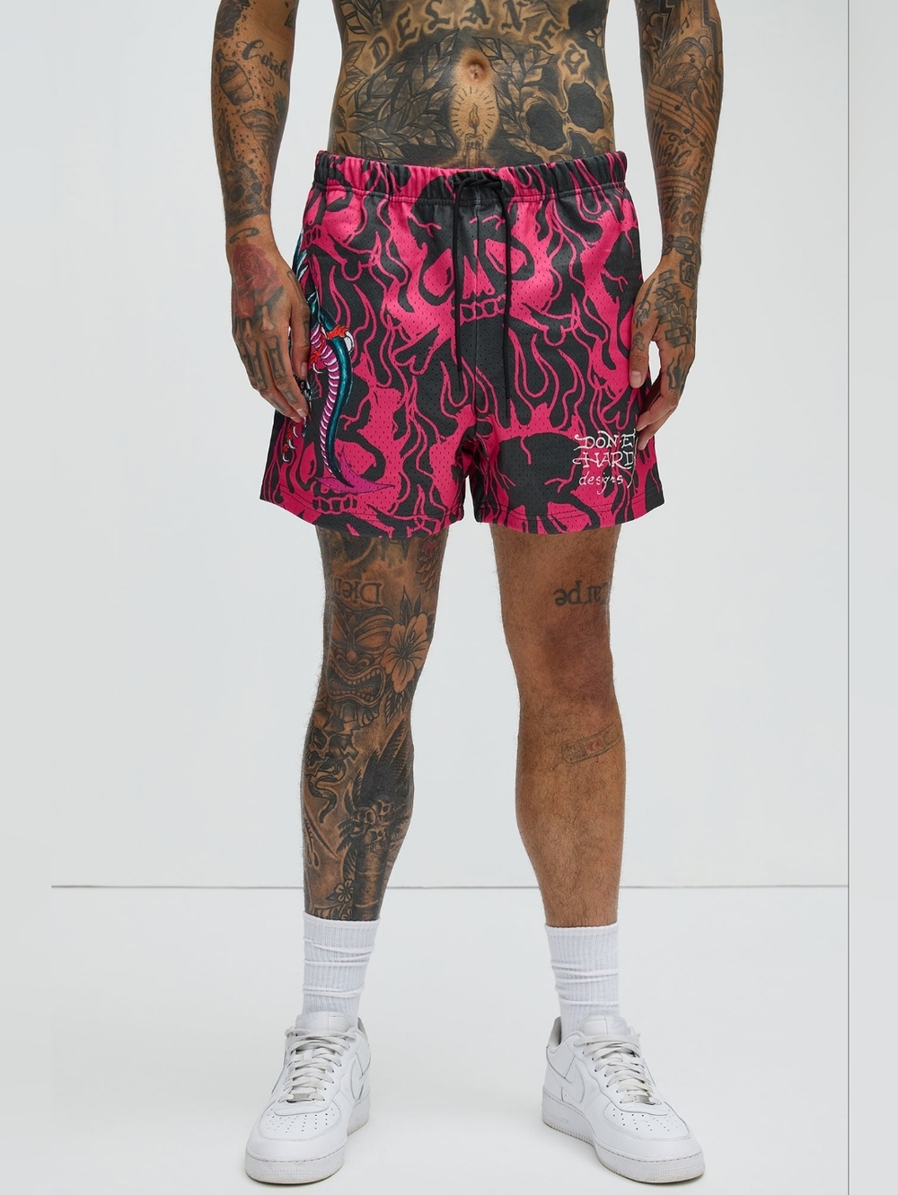 Ed Hardy Panther Dragon Mesh Basketball Shorts in a pink & black combo. Mens L.